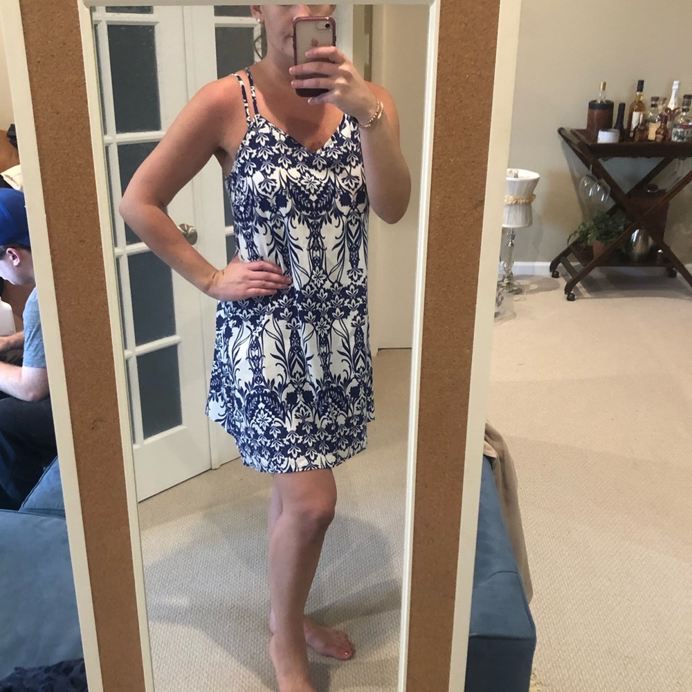 Blue and white paisley patterned dress